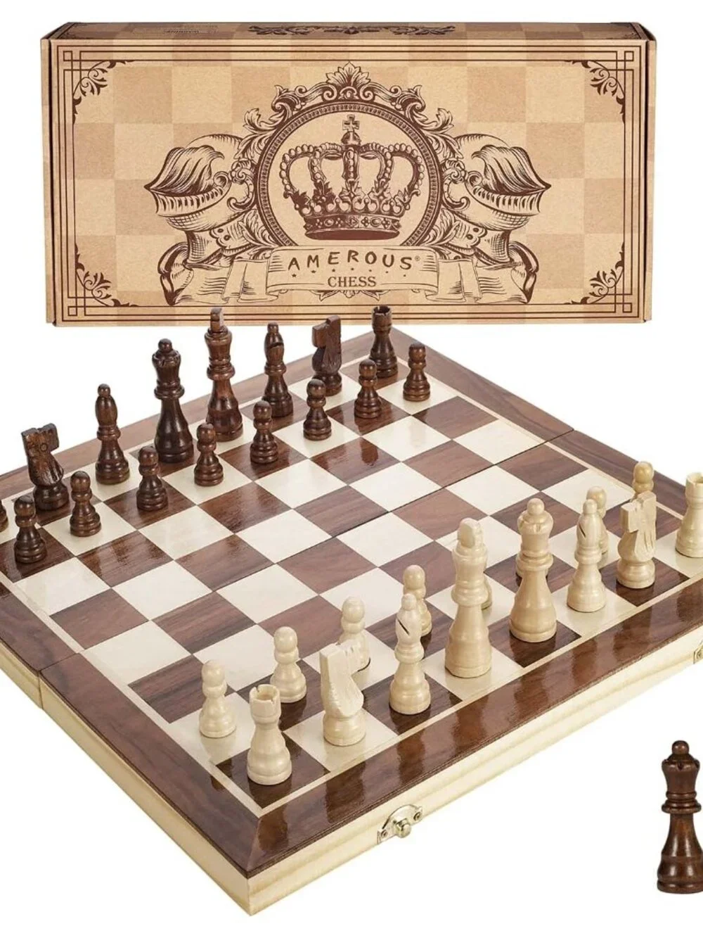 15 Inches Magnetic Wooden Chess Set - 2 Extra Queens - Folding Board - Pieces St